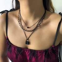 lacteo trendy black lock heart decor necklaces set for women men punk multi layer metal chain necklace 2022 jewelry wholesale