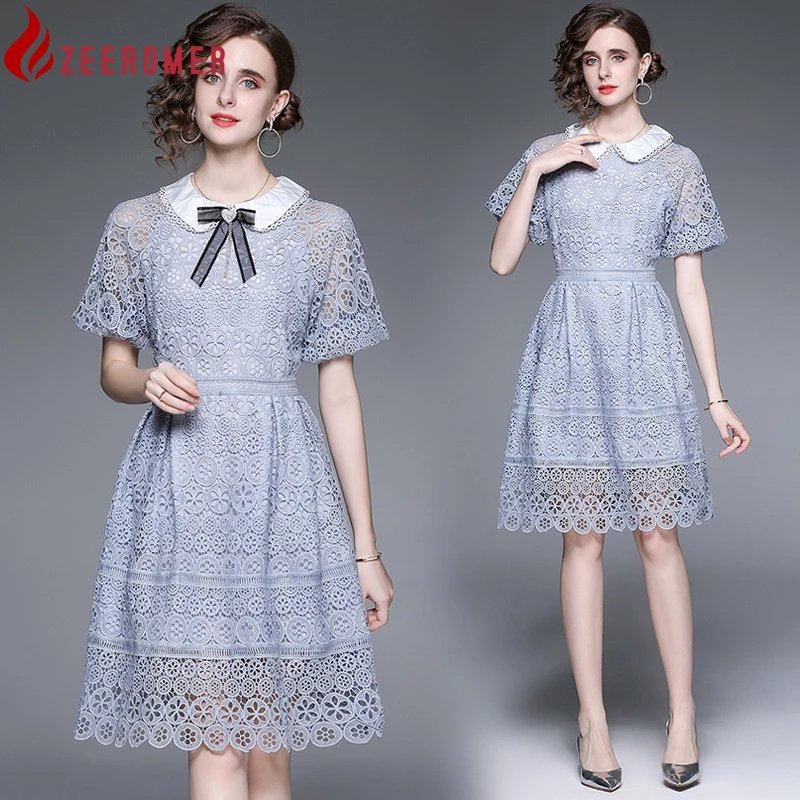 

2022 New Autum Elegant Runway Hollow Out Lace Dress Women Peter Pan Collar Lantern Sleeve Bow Embroidery Slim A-line Party Dress