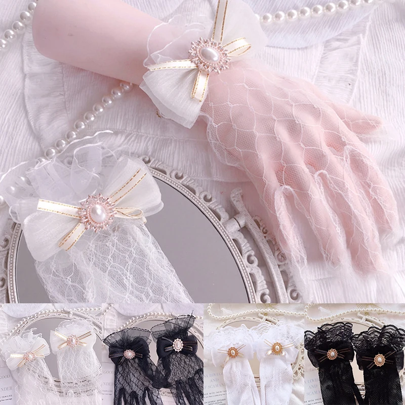 

Lace Gloves Girls Summer Lolita Flower Wedding Gloves Gothic Mesh Bow Flower Sweet Wristband Model Elegant Sleeve Decoration