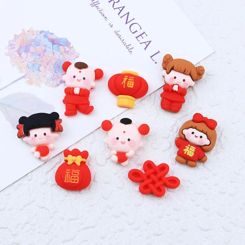

10pcs Chinese New Year Figure Resin Flatback Cabochon Art Supply Decoration Charm DIY Craft Cute Red Fortune Baby Accessories