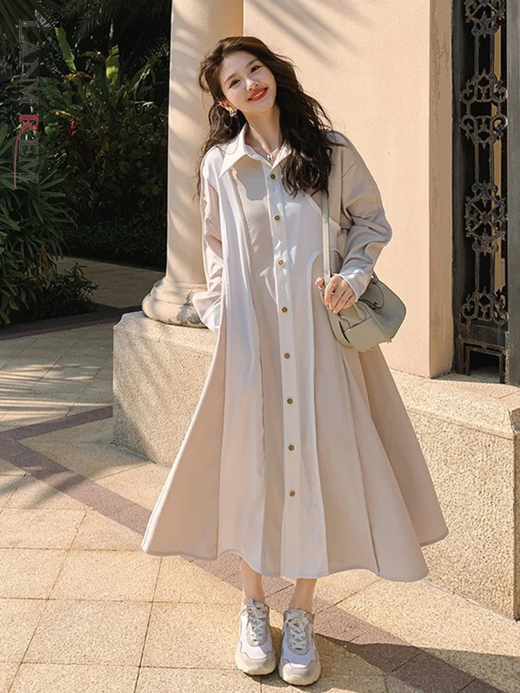 

LANMREM свободное платье для женщин 2023 с длинными рукавами контрастного цвета однобортное платье с отворотом женская модная одежда 2R1029