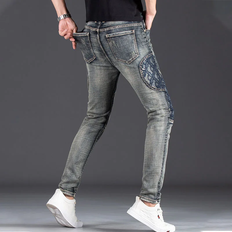 Retro Biker Jeans Men High Street Slim-fit Denim Pants Luxury Men's Clothing Spring/Autumn Streetwear Trousers Trend Men