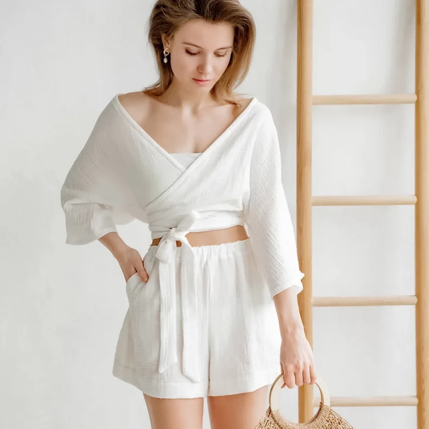 Ladies 100% Cotton Pyjamas For Women Sunday Beautiful Pajamas Set Cotton Linen Summer Pyjamas Short Set