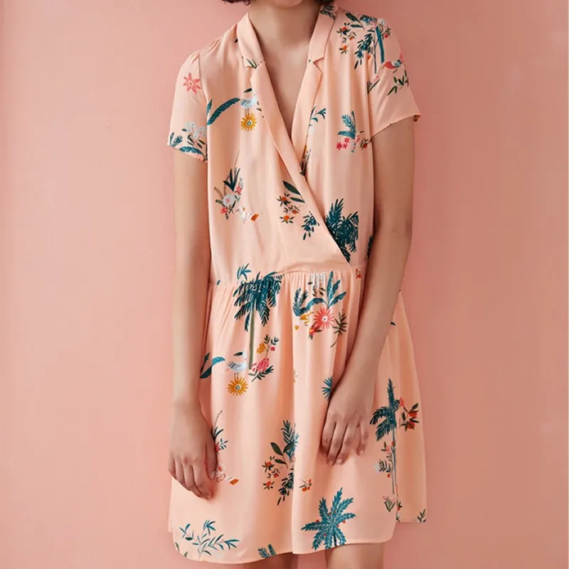 

100% Viscose Women Coconut Tree Print Dress V-Neck Short Sleeve A-Line Robe Holiday Style Female Mini Dresses