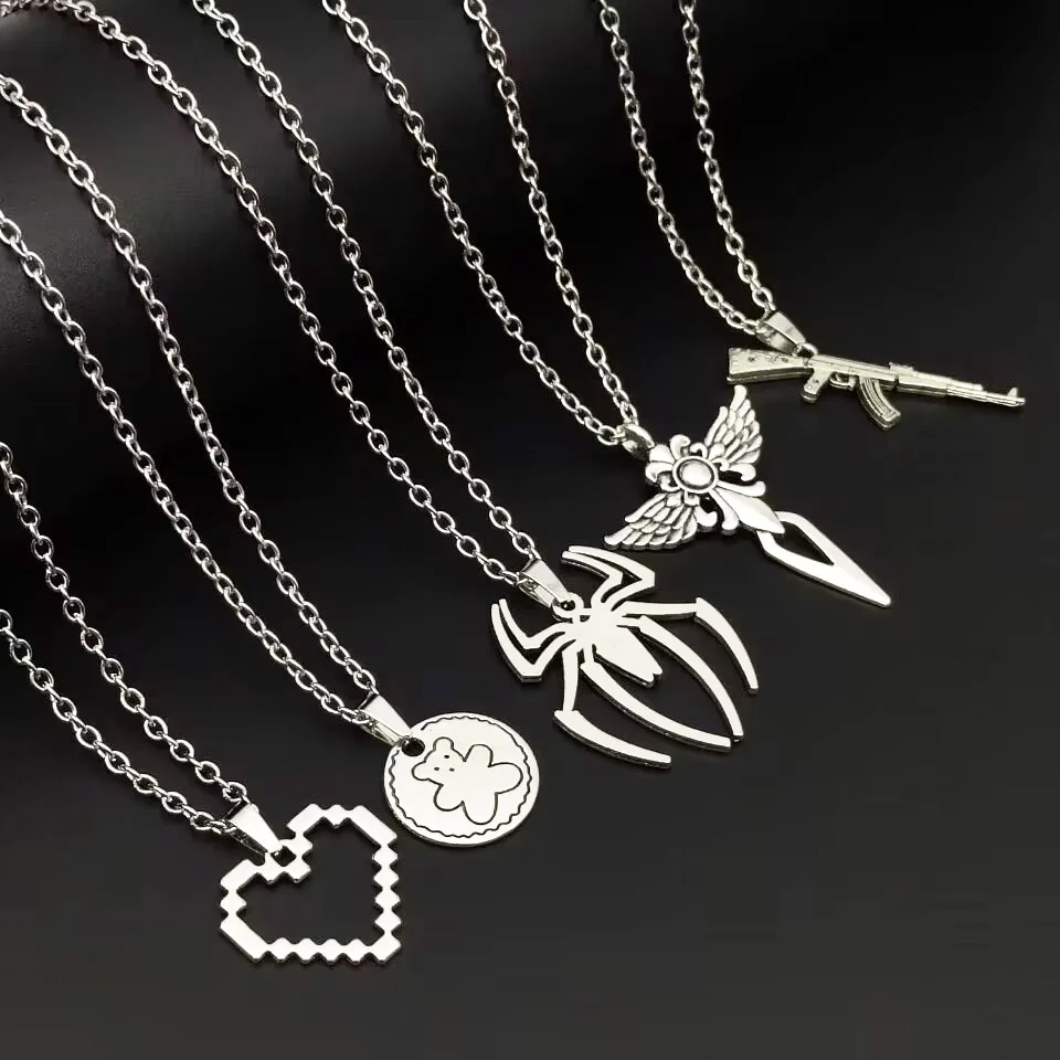 

New Simple Heart Spider Bear Cross Pendant Necklace Women's Metal Chain Gothic Punk Boy Girls Necklace Jewelry Accessories Gifts