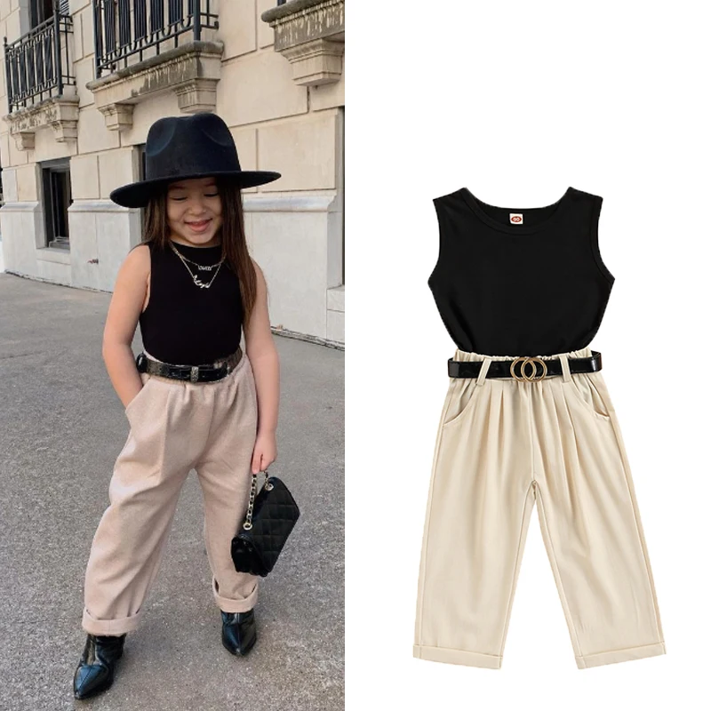 

Детские комплекты одежды От 1 до 6 лет для девочек, жилет без рукавов, топы, брюки с высокой талией и поясом, однотонные Летние повседневные Мо...