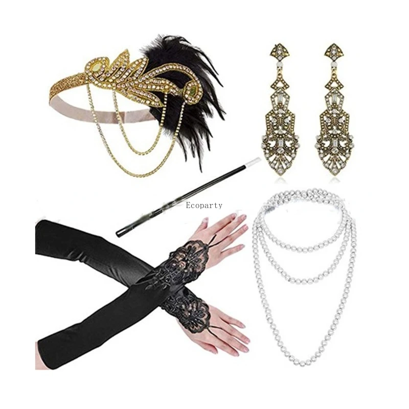 

Gatsby Party Retro Feather Headband Earrings Fake Pipe TobaccoPipe Pearl Necklace Beaded Glove Set Halloween Cosplay Accessories
