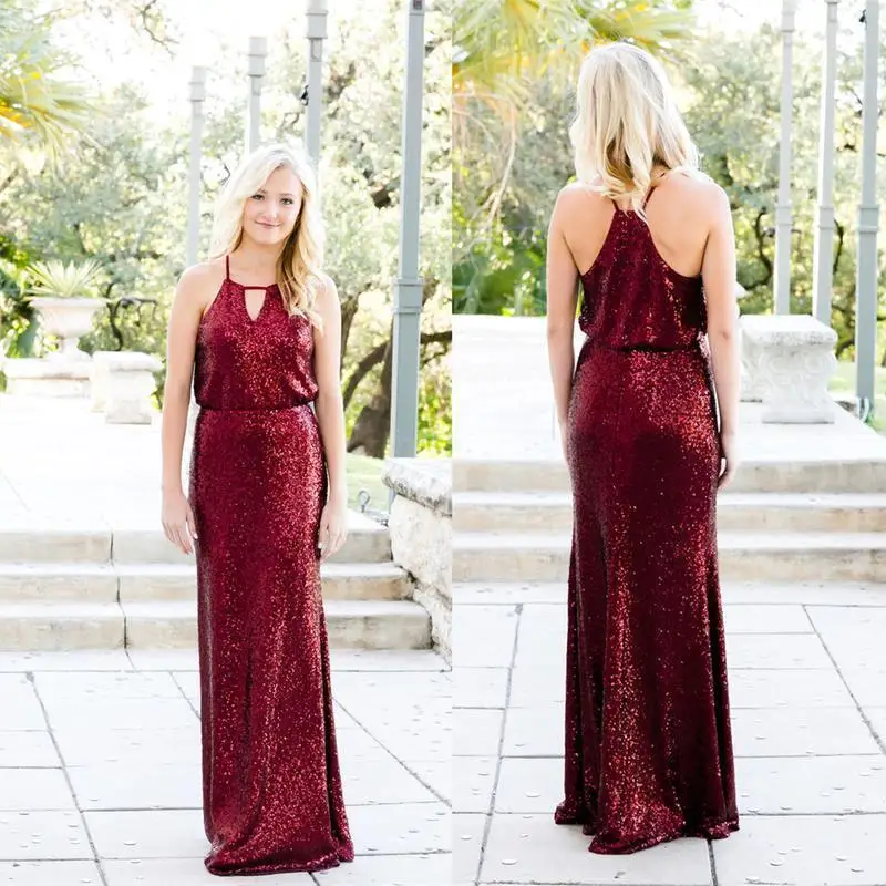 

Elegant Full Sequined Burgundy Bridesmaid Dresses Long Country Garden Boho Wedding Guest Dress Formal Party Gown