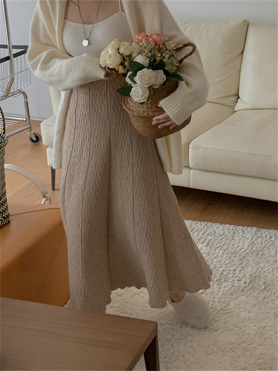 

New 2022 Chic Knitting High Waist Elegant Vintage Fashion French Style Autumn Winter Women Office Lady Flare Elegant Long Skirts