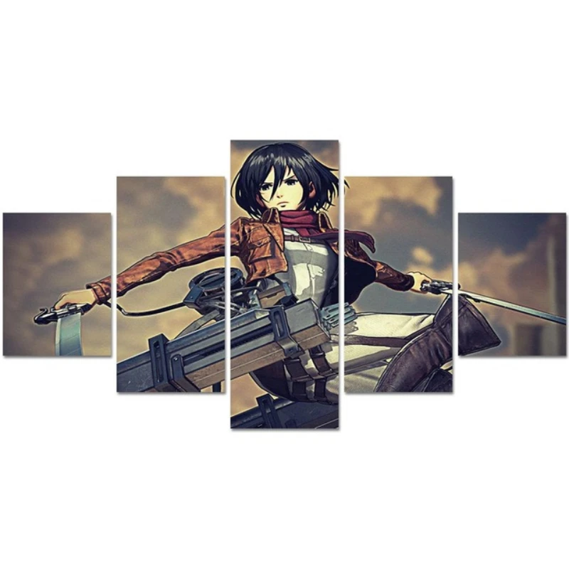 

Modular 5 Pcs Canvas Painting Attack on Titan Home Decor Anime Pictures Modern Printed Poster For Living Room Wall Art Framework