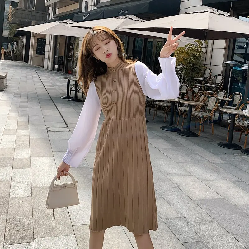 

Spring Korean StyleChicColor Contrast Patchwork Waist Trimming Knitted Dress