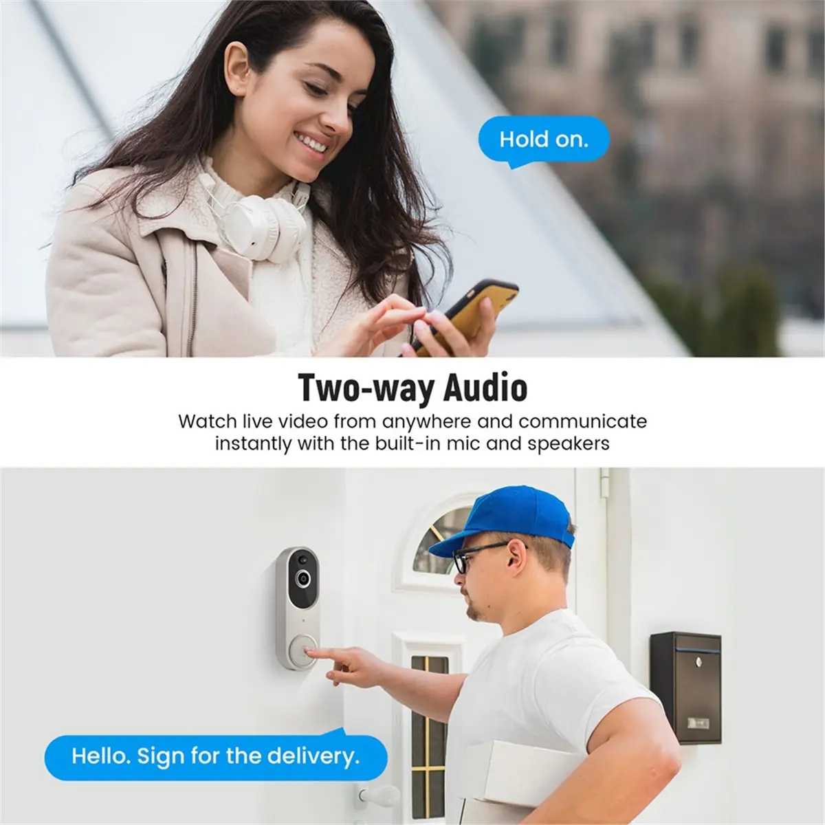 Фото 【B63C~】 Беспроводной Wi-Fi видеодомофон с двусторонней аудиосвязью, AI-детектором движения, ночным видением и облачным хранилищем. №3