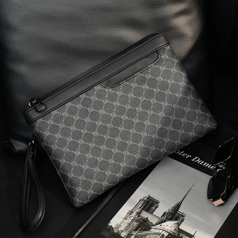 Fashionable Plaid Print Clutch for Men: Luxury PU Leather Business Envelope Bag