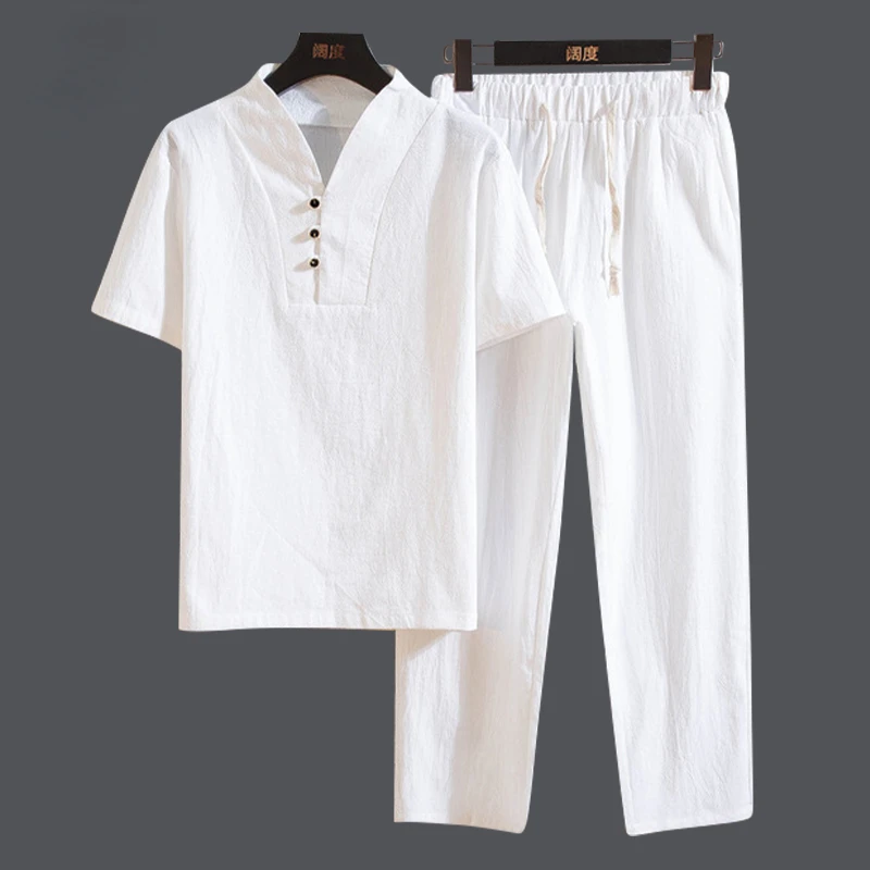 

Summer Linen Cotton T-shirt Men's Set Chinese Style Short Sleeve Sportswear +Pants 2 Piece Sets Men Tracksuit Solid Tang Suit