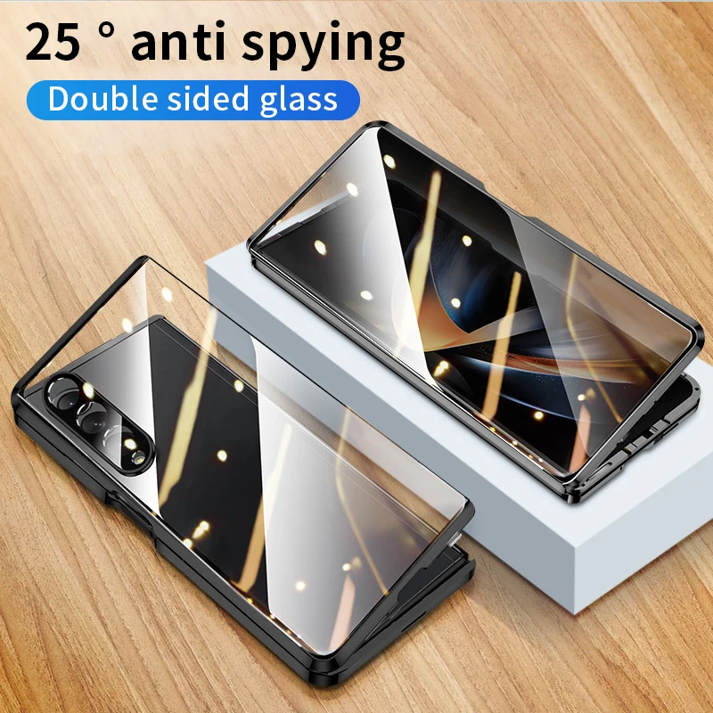 

Alloy Metal Frame Bumper Armor Magnetic Flip Case For Samsung Galaxy Z Fold 4 3 Fold4 Anti-Spy HD Tempered Glass Protector Cover