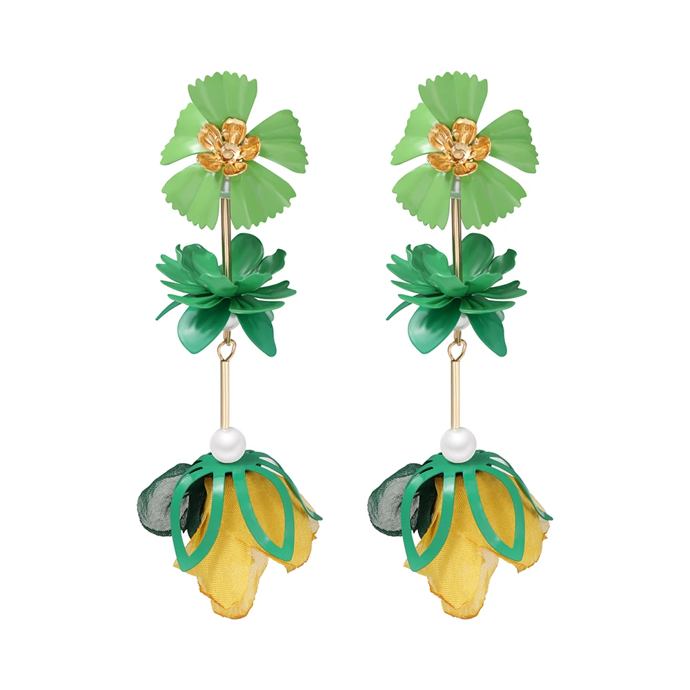 

JURAN New Design Green Purple Metal Simulation Flowers Tassel Drop Earrings for Women Fashion Statement Earrings Female Bijoux