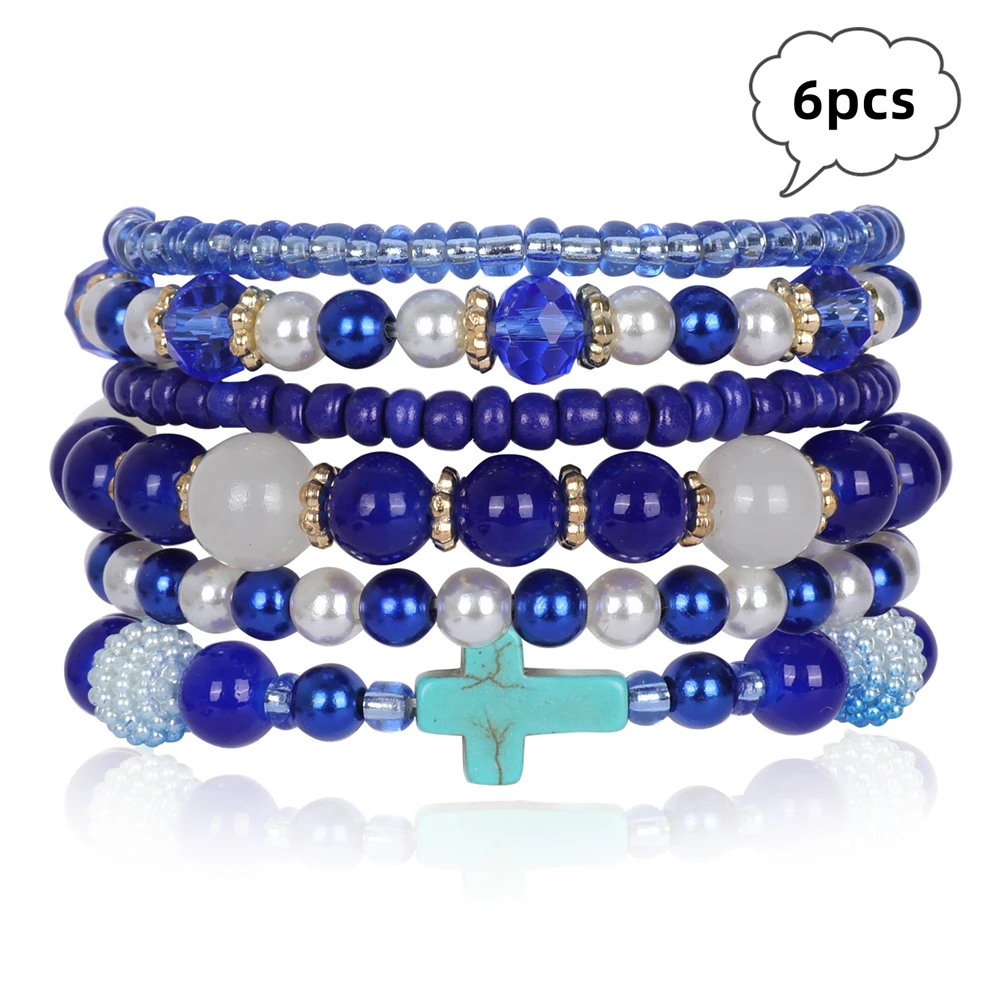 

Makersland 6pcs Natural Stone Bracelets For Women Blue Fashion Cross Charm Jewelry Luxury Trendy Bead Bracelet For Men Wholesale