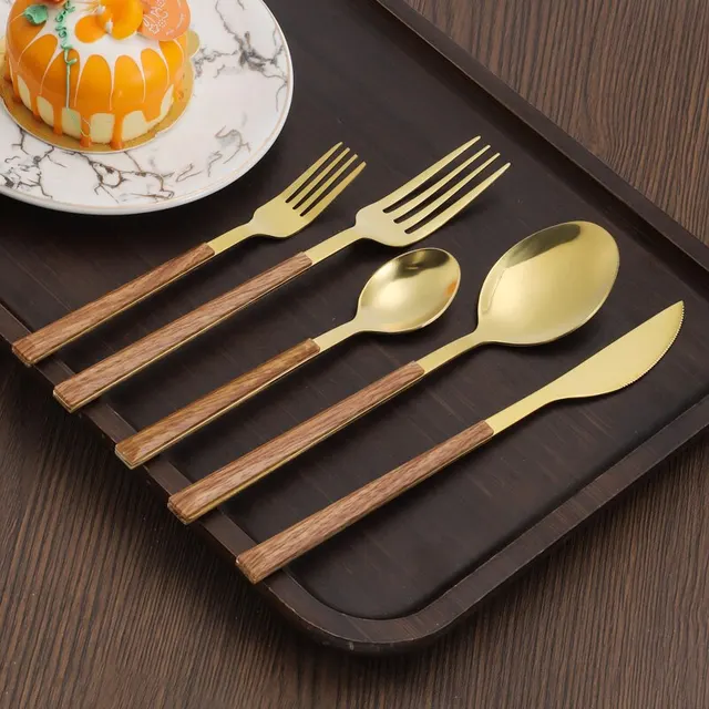 30pcs Stainless Steel Imitation Wooden Handle Cutlery Set Dinnerware Clamp Western Tableware Knife Fork Tea Spoon 3