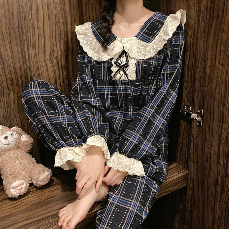 Princess Plaid Pajamas Set Sweet Full-Length Sleepwear For Women Cotton Retro Soft Pyjama Women's Soft Fashion Homewear