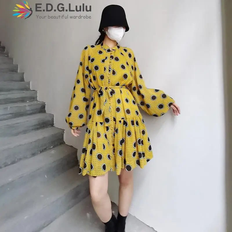 

EDGLuLu Fashion O-neck Single-breasted Long Sleeves Summer Dress Women 2022 Casual Loose Black Polka Dot Print Yellow Dress 0424