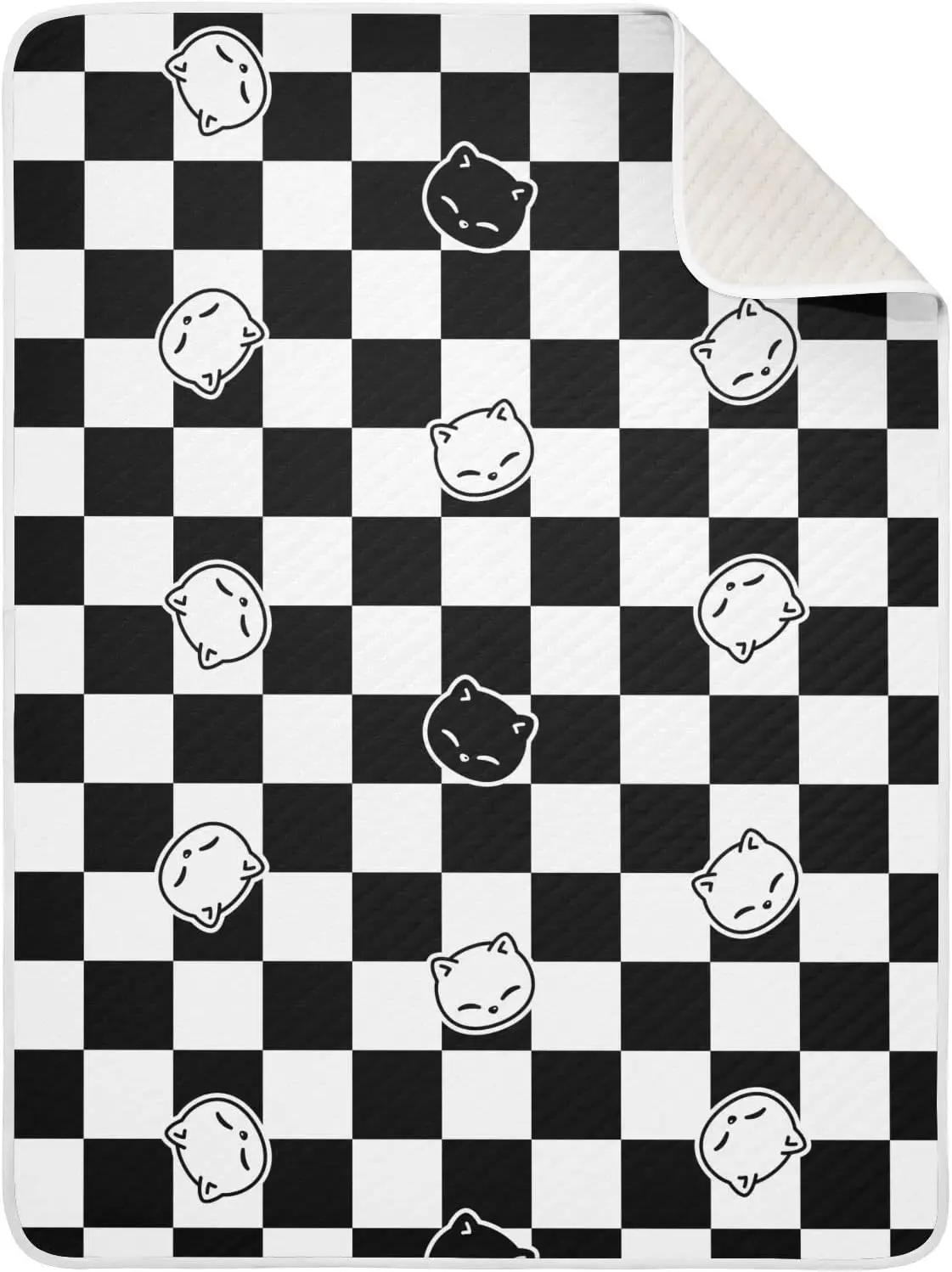 

Cute Cat Face Baby Blanket for Girls Boys White Black Checked Crib Blanket Stroller Throw Blanket Newborn Swaddle