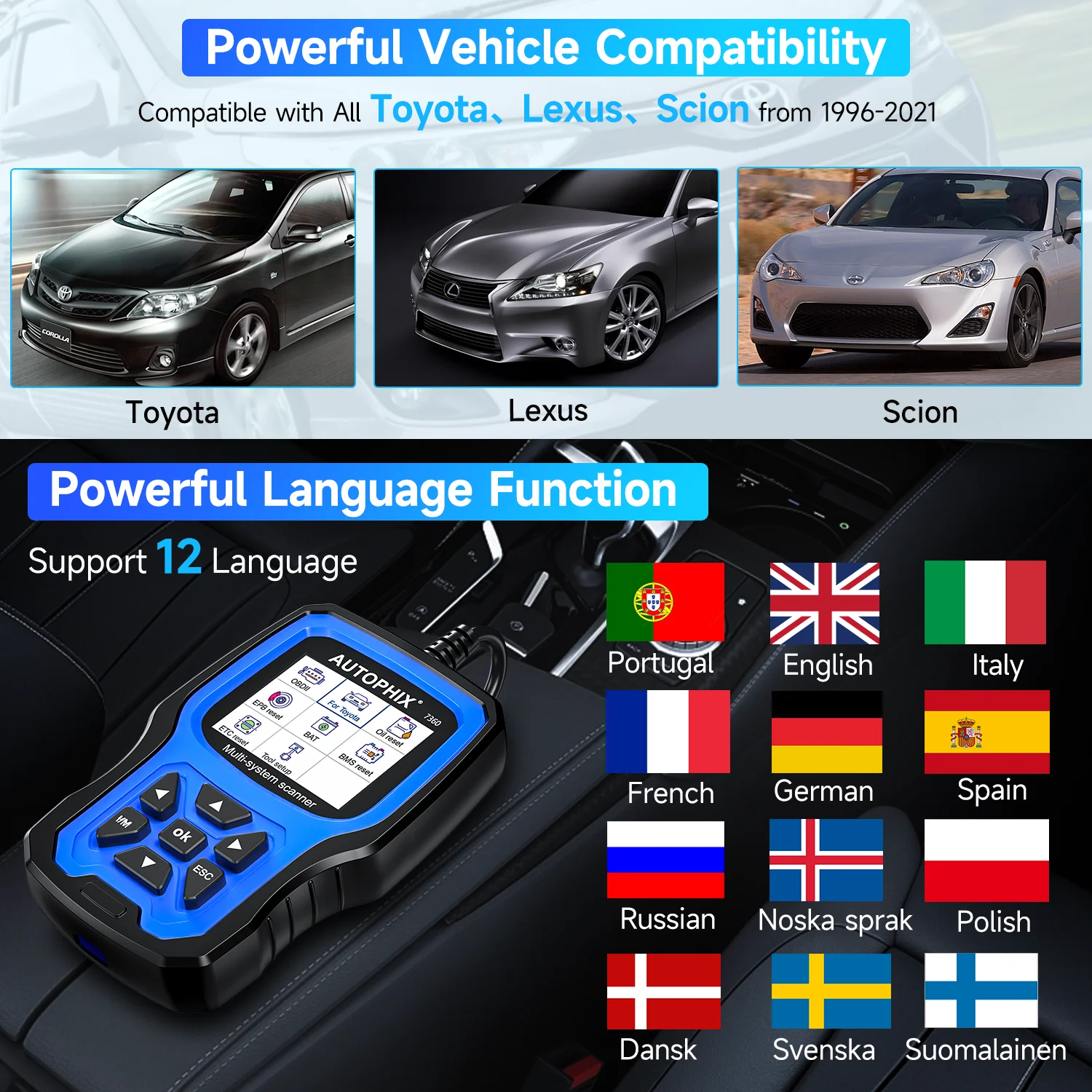 Автомобильный сканер AUTOPHIX 7360 OBD2 для Toyota считыватель кодов всех систем ABS EPB SRS OIL