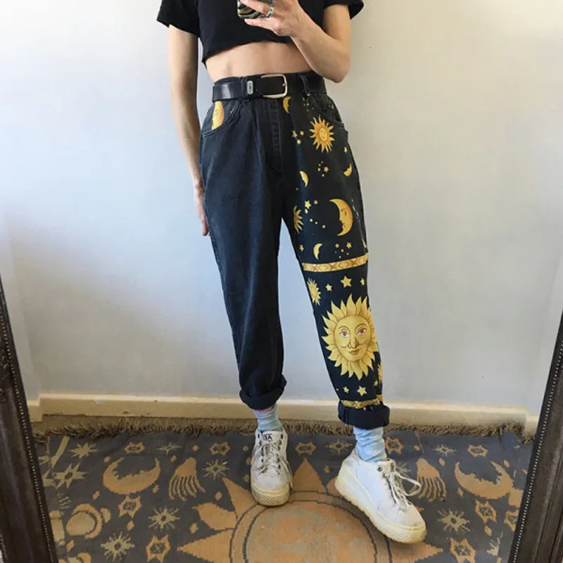 

Black Starry Sky Jeans Sun Moon Print Aesthetic Clothes 2021 Women Plus Size High Waist Straight Pants Korea Streetwear Woman