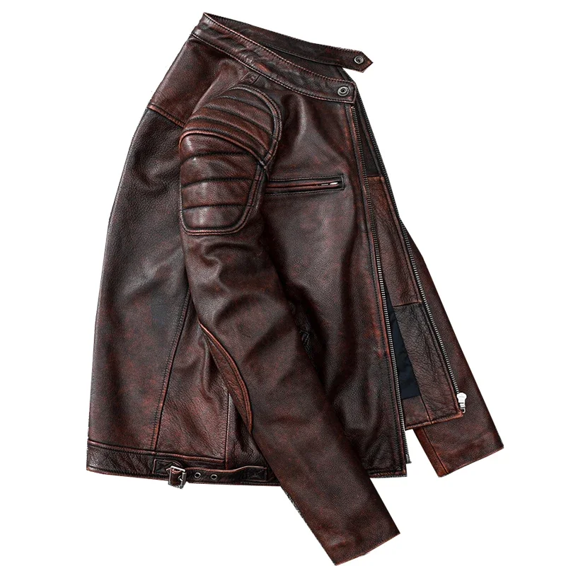 Vintage Distressed real Leather Moto Jackets Men Natural Calfskin Genuine Jacket Stand short Spring Autumn corium Coat
