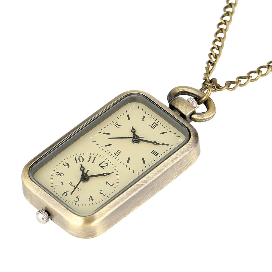 Dual Time Zone Bronze Quartz Pocket Watch Rectangle Shape Necklace Watch Fob Chain Retro Accessory Gifts for Men Women