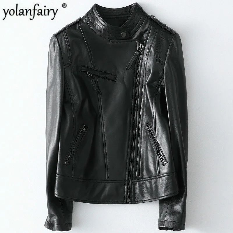 Jacket Women's Leather 2023 100% Sheepskin Coat Female Jacket Real Leather Jacket Women Clothes Motorcycle Slim -