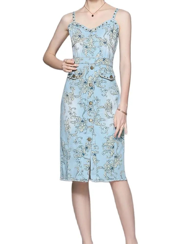 

Элегантное джинсовое платье, юбка с V-образным вырезом и принтом на завязках, Новинка лета 2022, модная женская одежда