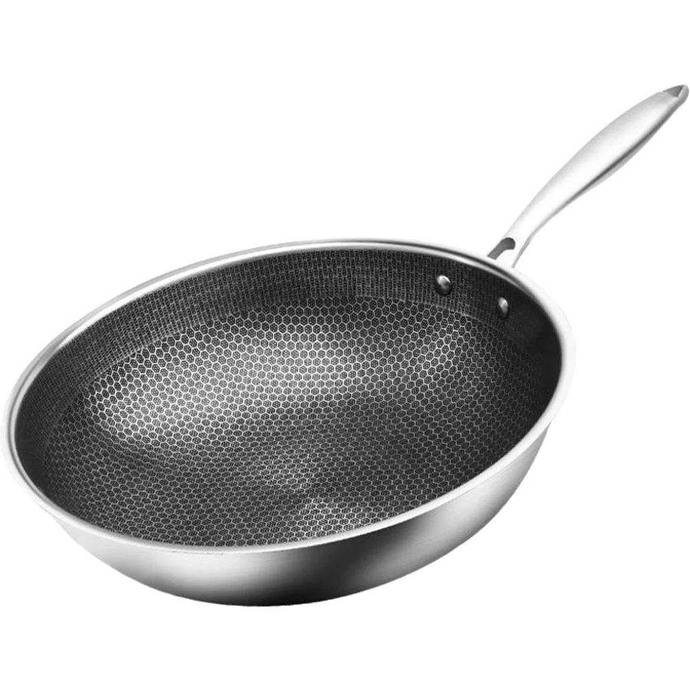 

Stainless Steel Wok Honeycomb Grain Frying Pan Handled Kitchenware Traditional Pan