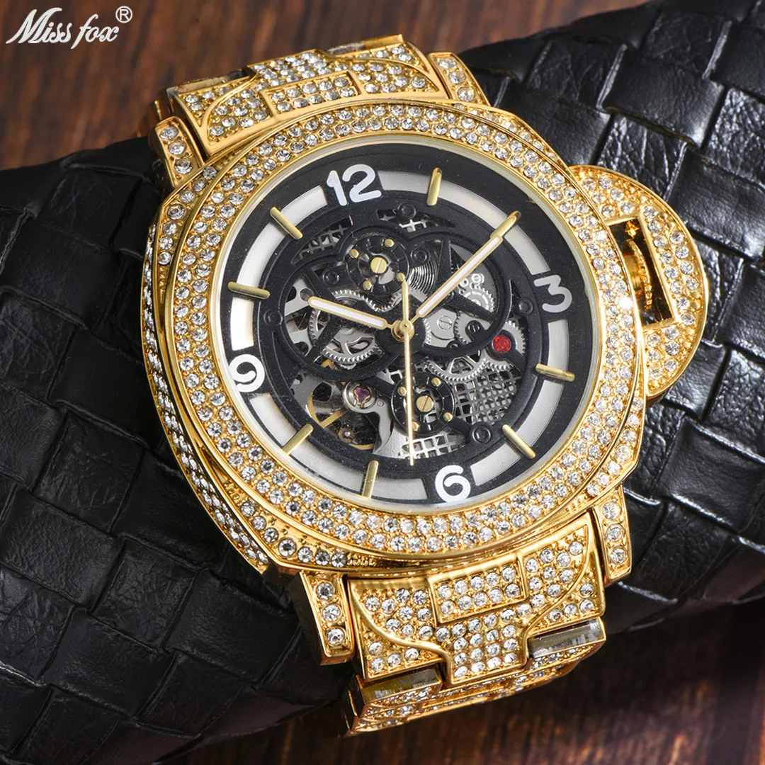 Hip Hop Brand MISSFOX Gold Hollow Fashion Watches Men Steel Automatic Mechanical Wristwatch Full Diamond AAA Clock Male 2020 New