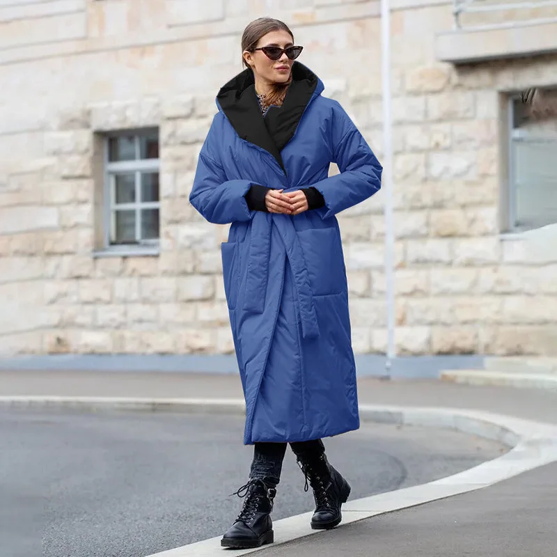 Winter Clothes Women Light Luxury Women's Pocket Hooded Belt Long Cotton Clothing Fashion Warm Loose Sweater Coat Women