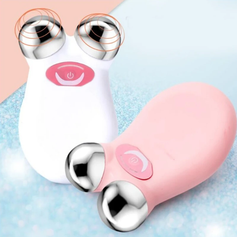 Portable for Facial Microcurrent Beauty Instrument Double Roller Massager for Slimming and Edema Reduction Pink & White 28ED