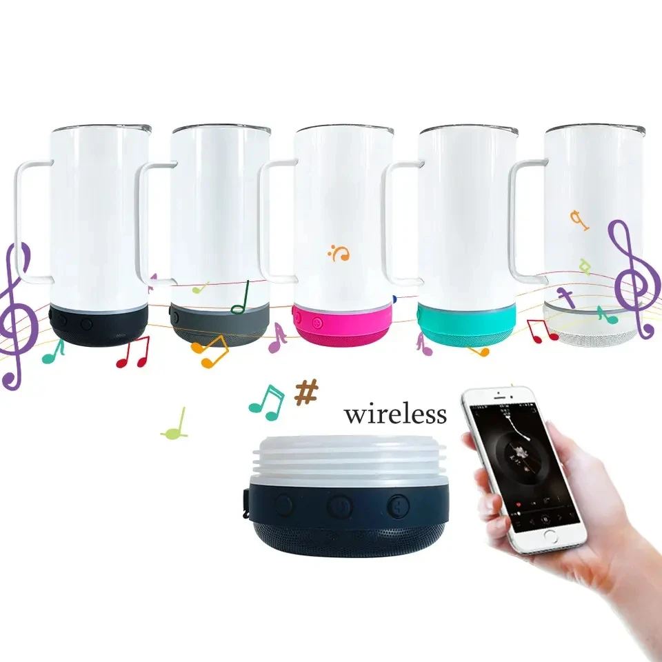 USB Charging Tumbler Bottle 14oz White Sublimation Blanks Straight Display Speaker Smart Wireless Music Cup With Handle