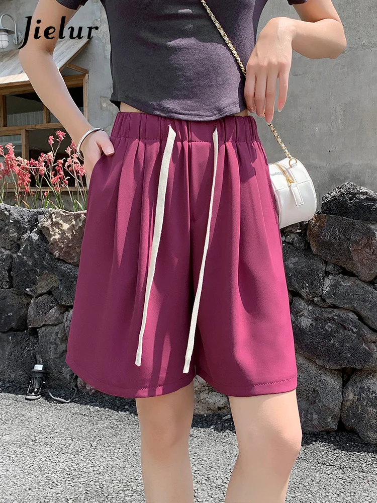 

High Waist Shorts for Women Summer New Loose Casual Straight Simple Half Pants Drawstring Burgundy White Shorts S-XXL