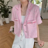 pink short sleeved jacket for ruandai 2022 summer new french pocket front notch single breasted lapel v neck crop top for women