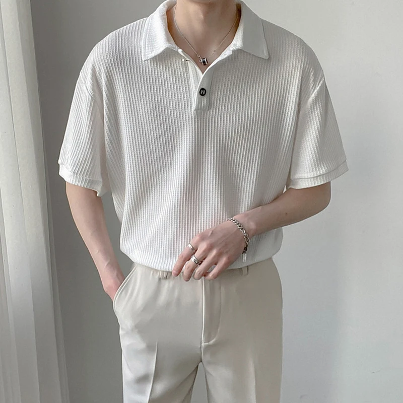 

Casual Solid Ribbed Polo Shirts Men Summer Short Sleeve Buttoned Turn-down Collar Pullovers Tops Mens Fashion Streetwear Polos