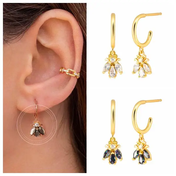 

925 Silver Ear Needle New Bees Stud Earring Piercing Rock Punk trend Piercing Exquisite Luxury Zircon Ohrringe Pendiente Animal