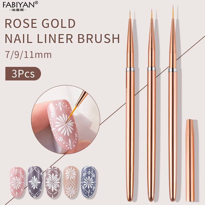 Rose Gold 3Pcs/set  Nail Art UV Gel Liner Painting Brushes Drawing Flower Striping Design Manicure Tools Kits 7/9/11mm