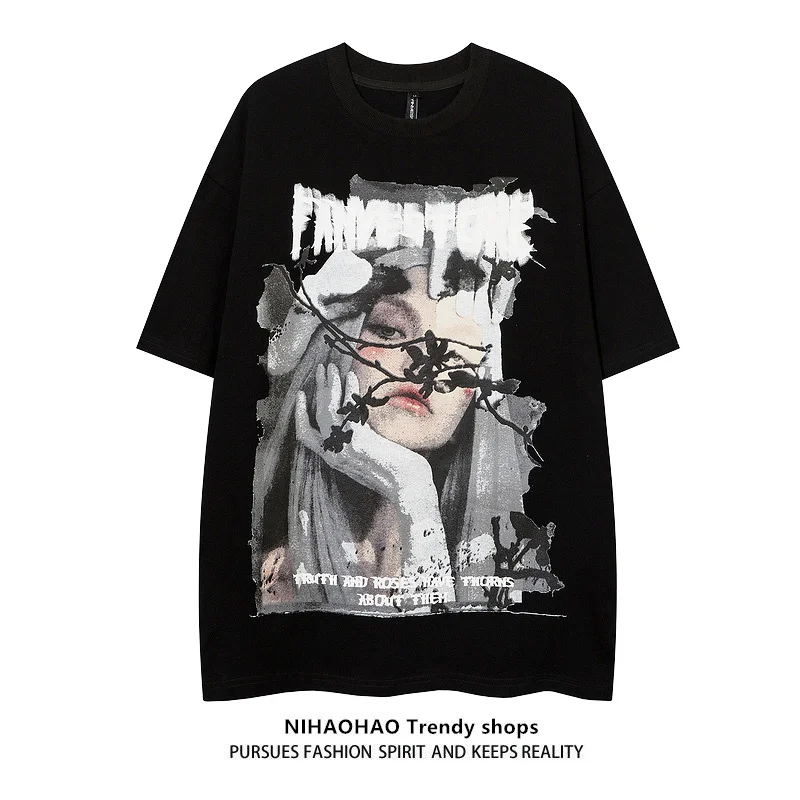 

Punk Gothic Man Women T-shirt Couple Tshirts Figure Printed Oversize BF Summer Short Sleeves Plus Size Top Tee
