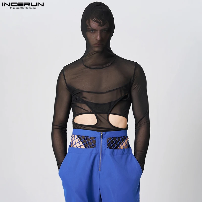 

INCERUN New Men's Sexy Homewear Jumpsuit Hooded See-through Mesh Rompers Casual Perspective Design Triangle Bodysuits S-5XL 2023