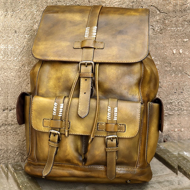 

Men Cow leather Travel Backpack Large Capacity drawstring bags Male Mochila 15" Laptop Brown Backpack Daypack rugzak outdoor