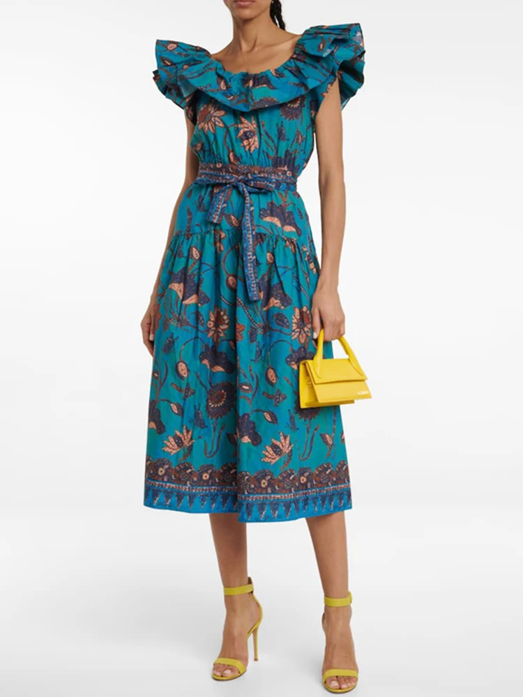

Designer Style Retro Print Ruffle Line Neck Tie Waist Sleeveless Dress Ladies Summer New Fashion Loose Swing Puff Skirt