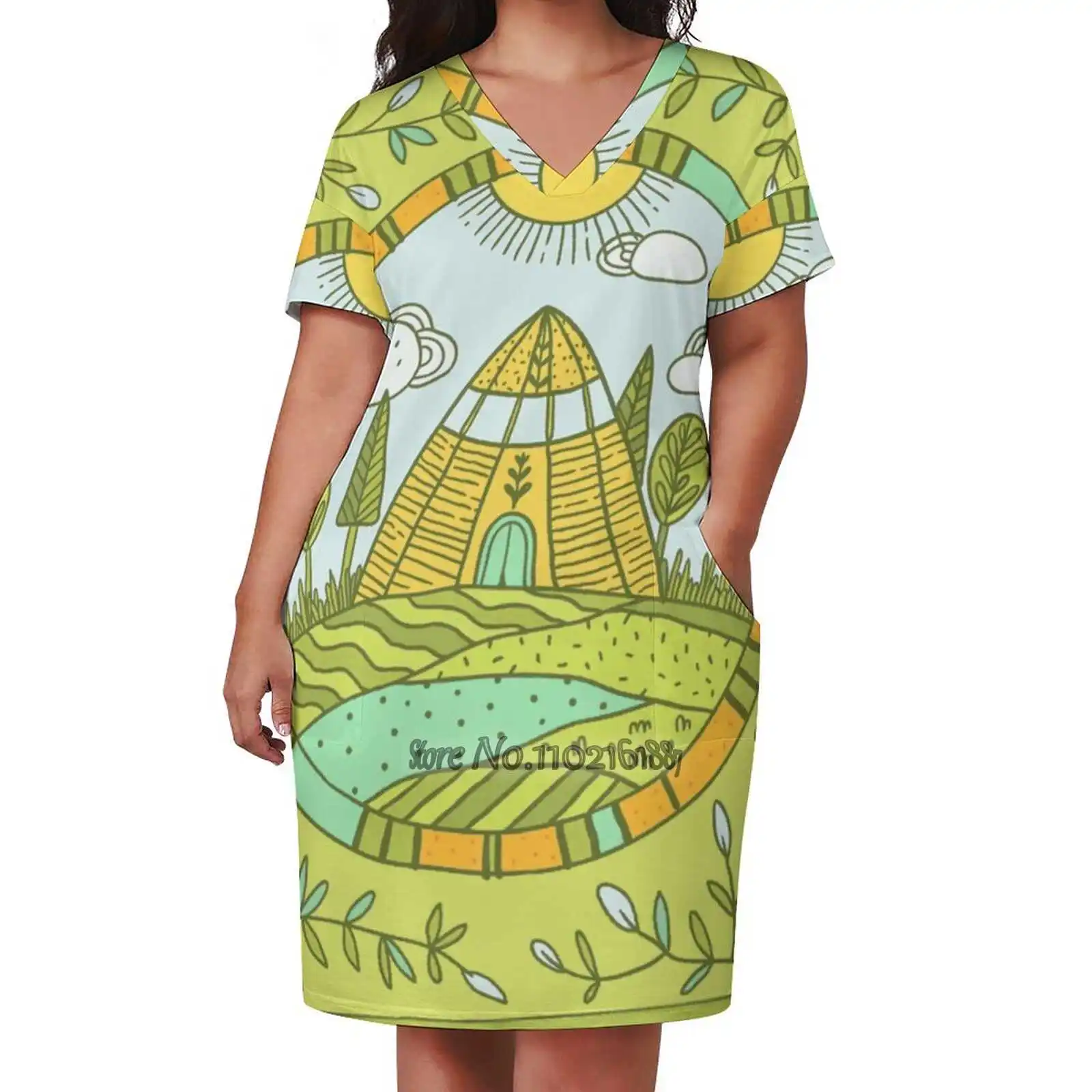 

Urasa Loose V-Neck Skirt Sexy Short Sleeve Skirt Loose A-Line Dress Light And Breathable Dress Summer House Summer Nature