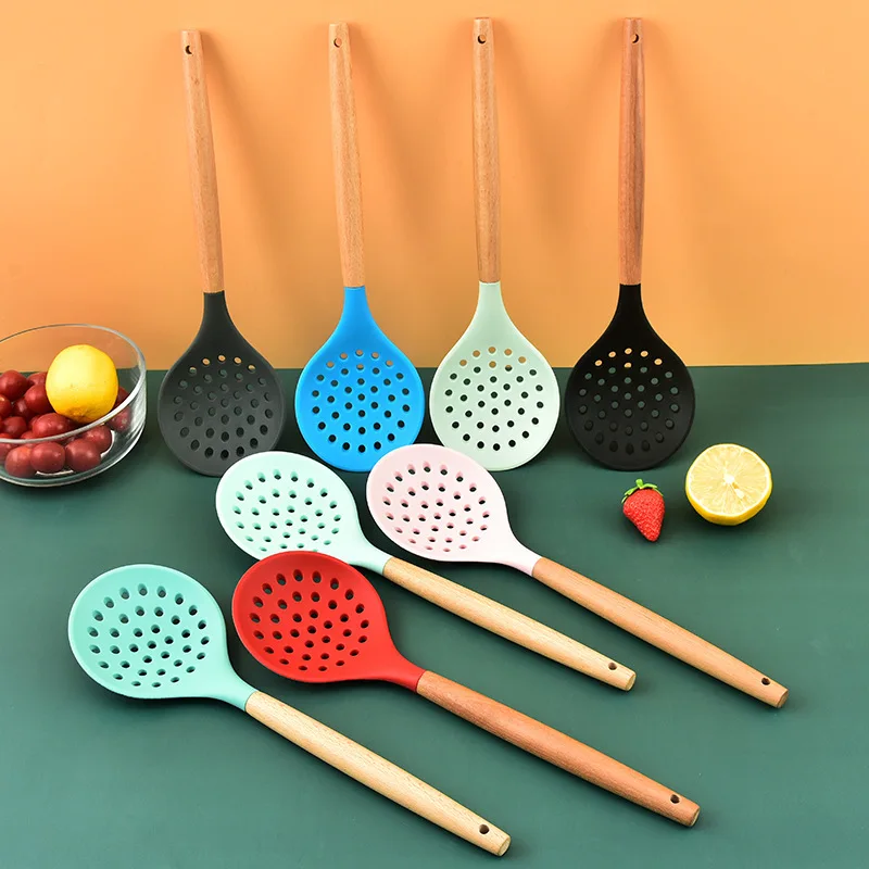 

Silicone Cooking Strainer Heat-Resistant Wooden Handle Colander Spoon Skimmer Strainer Cooking Kitchen Drainage Tool