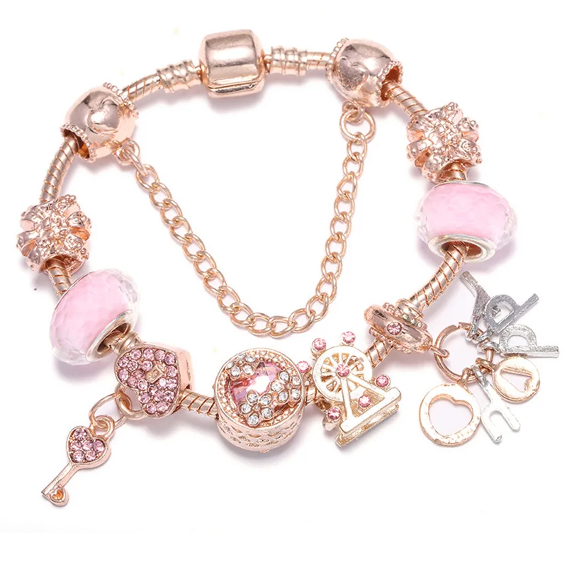 

Pink Glass Crystal Heart Lock Key Charms Bracelet for Women happy Pendant DIY Rose Crown Ferris Wheel Beads Lover Couple Jewelry