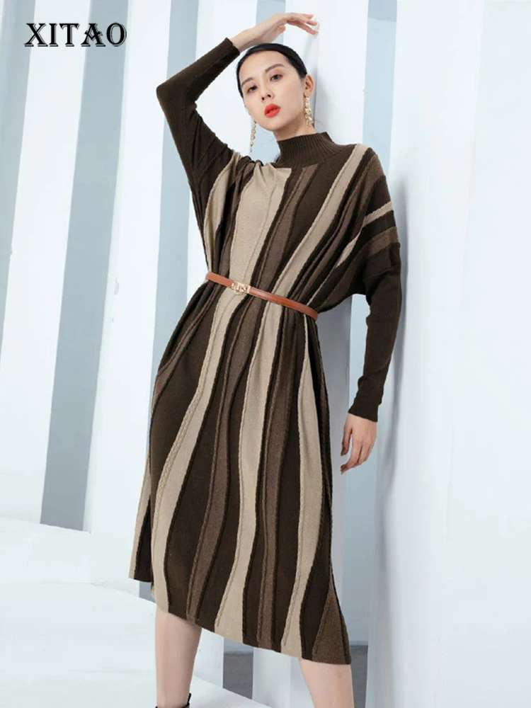 

XITAO модное Полосатое вязаное платье контрастного цвета с высоким воротником, темпераментный пуловер для женщин, 2023 повседневное новое платье LYD1150