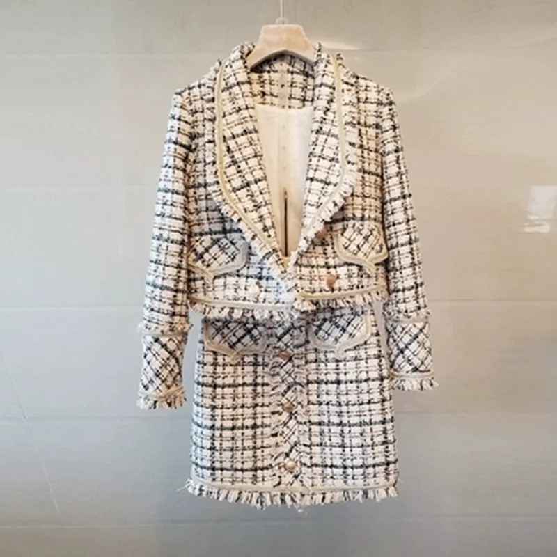 Two-Piece Femme 2022 Autumn And Winter New Tweed Frayed Suit Jacket + Mini Skirt Tweed Fashion Two-piece Women's Suit